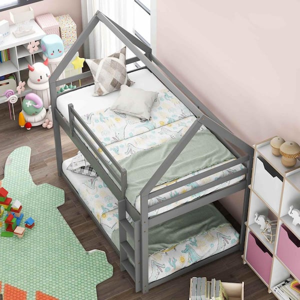 Gray Twin Over Twin Low Bunk Bed, House Bed with Ladder