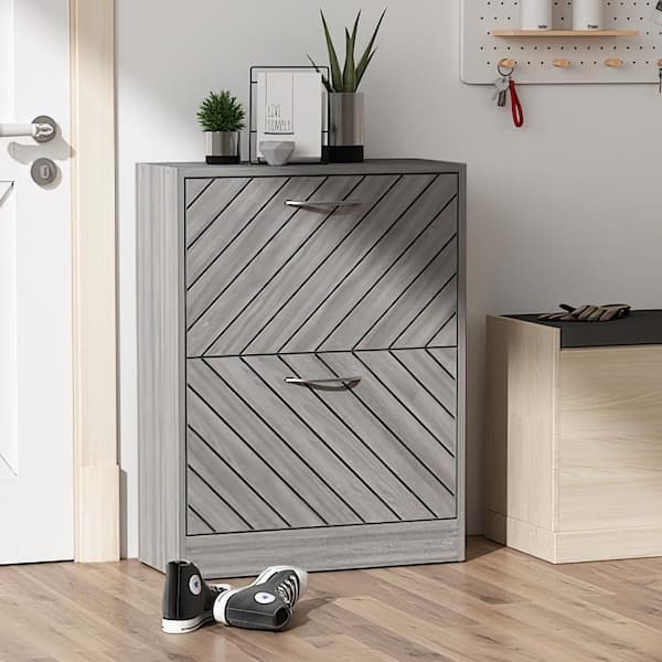 Gray 12-Pair Shoe Storage Cabinet with 2-Drawers and 4-Compartments and Wood Grain