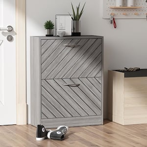 Gray 12-Pair Shoe Storage Cabinet with 2-Drawers and 4-Compartments and Wood Grain