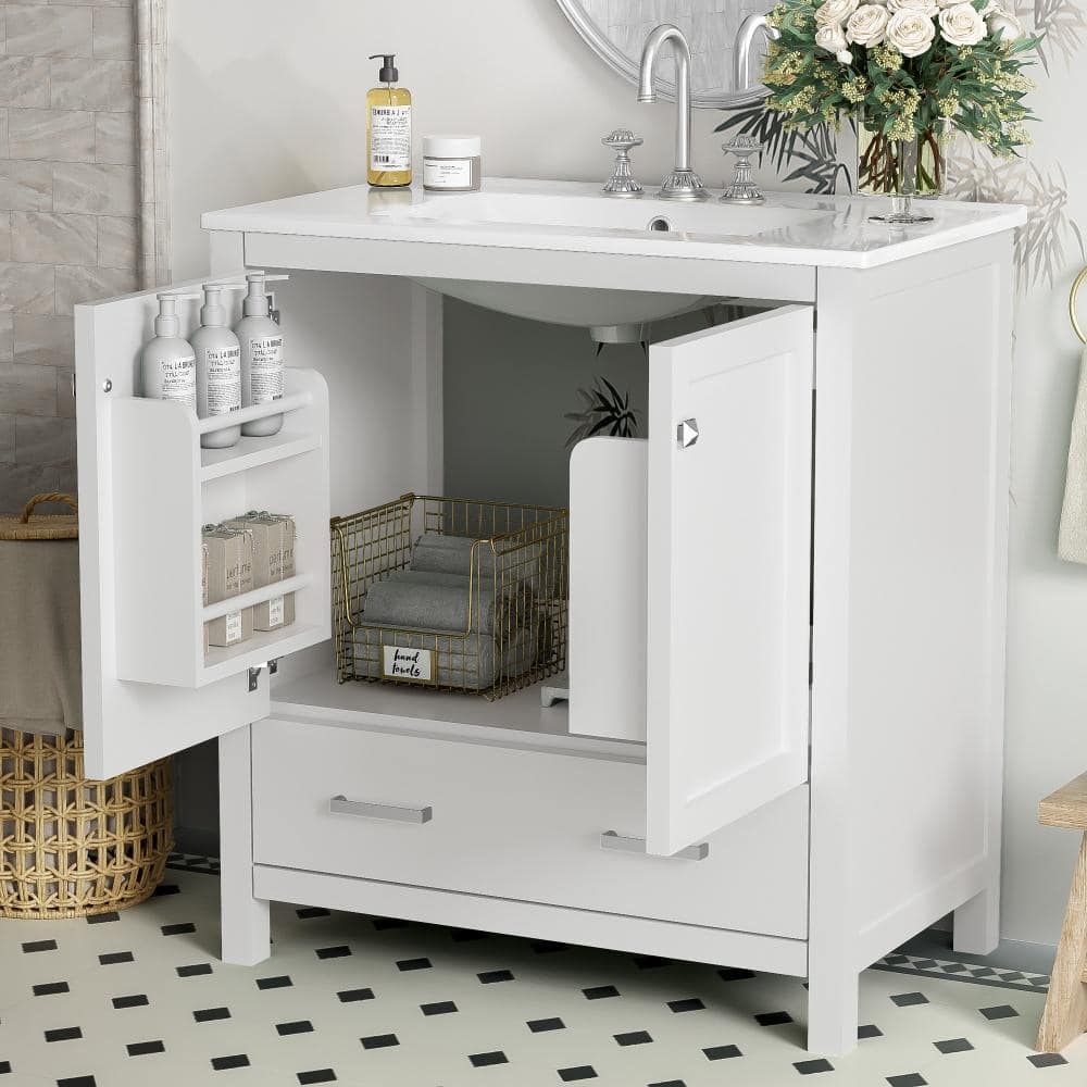 30″ White Bathroom Vanity with Single Sink, 2 Doors & Drawer, Soft Closing, Solid Wood Frame price history on PriceWatchPro
