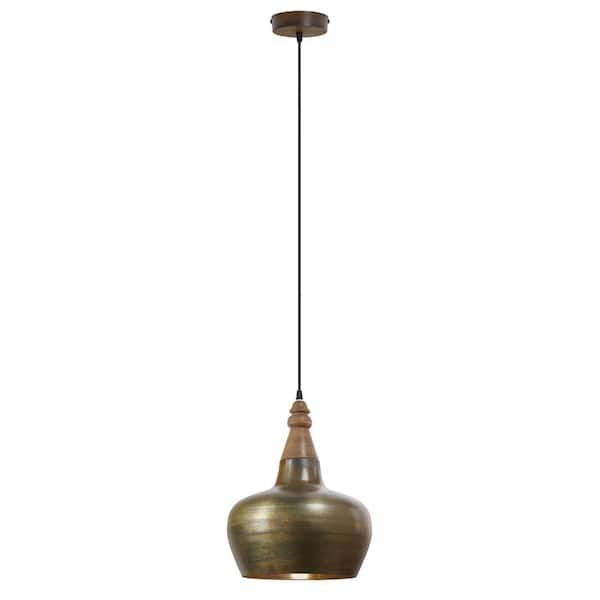 River of Goods Marlowe 1-Light Antique Bronze Shaded Pendant Light with Metal and Wood Dome Shade