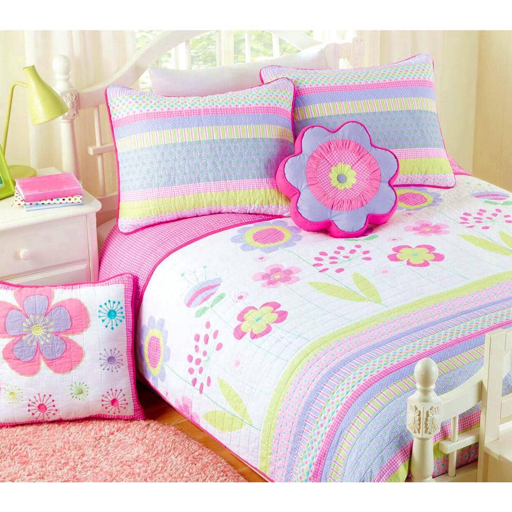 Cozy Line Home Fashions Spring Floral Stripe Dot Flower 5-Piece Purple Pink White Cotton Queen Quilt Bedding Set with 2-Decor Throw Pillows, pink/ purple/ white -  10552Q&2Pillows