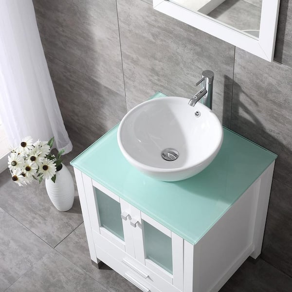 24" Bathroom Vanity Vessel Sink Set Wood Cabinet Mirror W/ Faucet Drain Combo US 