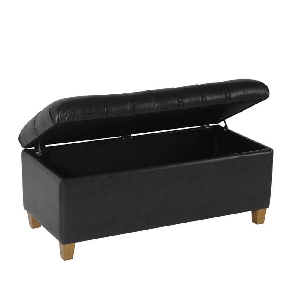 Black Faux Leather Tufted Storage Cocktail Bench with Oak Legs