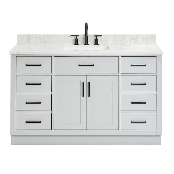 Hepburn 55 in. W x 22 in. D x 35.25 in. H Bath Vanity in Grey with Carrara Marble Vanity Top in White with White Basin