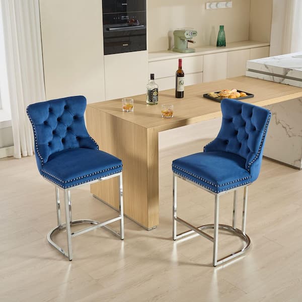 26 in. Blue Velvet Counter Height Swivel Barstools with Button Back for Kitchen & Dining Room (Set of 2)