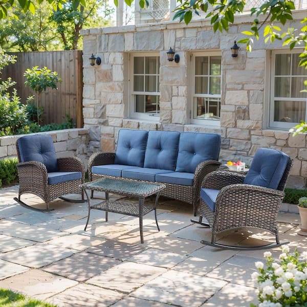 SleekArm 5-Piece Brown Wicker Patio Conversation Set with Olefin Blue Cushion/3-Seat Sofa with Rocking Chairs