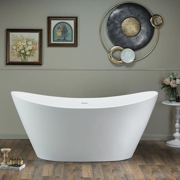 67 in. L x 31.5 in. W Solid Surface Stone Resin Freestanding Soaking Bathtub with Center Drain in White