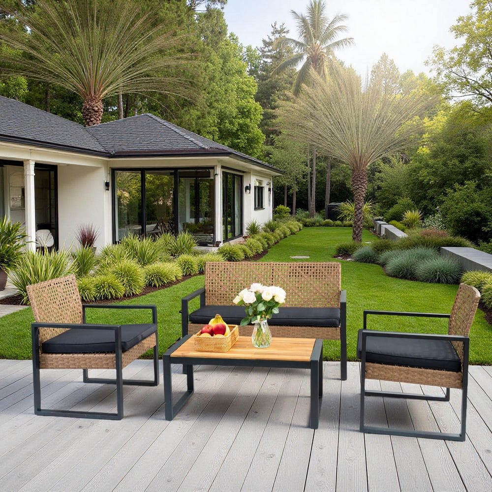 Light Brown 4-Piece Wicker Patio Conversation Set, Outdoor Furniture Set with Black Cushions price history on PriceWatchPro