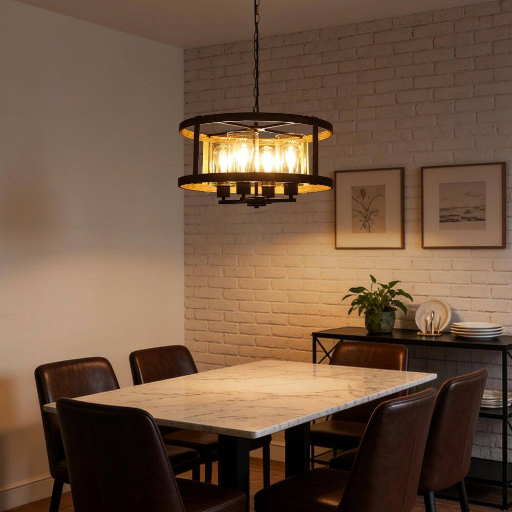 4-Light Black and Imitation Wood Grain Farmhouse Drum Pendant Light with Glass Shade Chandelier for Dining Room price history on PriceWatchPro