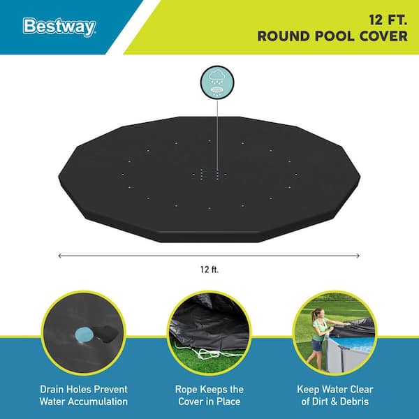 Flowclear 12 ft. Round Pool Cover, Black, Above Ground Pools with Drain Holes and Drawstring Closure Type