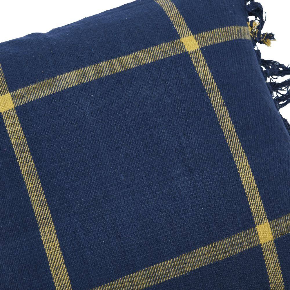 Blue Cotton Flannel Plaid Fringe Throw Pillow, 18" Square
