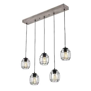 Triscot 5-Light Modern Farmhouse Gray Wood Cluster Kitchen Island Pendant with Black Cage