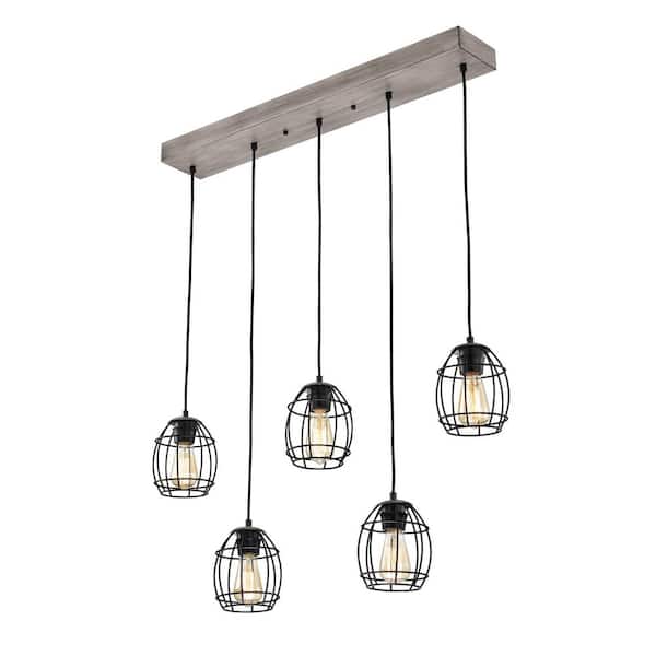 Edvivi Triscot 5-Light Modern Farmhouse Gray Wood Cluster Kitchen Island Pendant with Black Cage