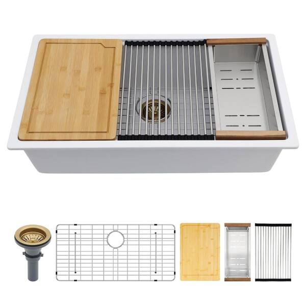 33 in. Drop-In Single Bowl White Granite Composite Quartz Crystal Kitchen Sink with Noise Dampening