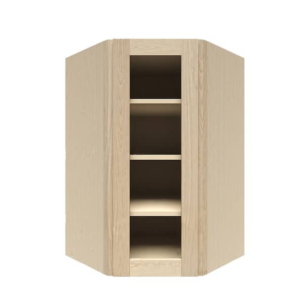 LIFEART CABINETRY Lancaster Shaker Assembled 24 in. x 42 in. x 12 in. Wall Diagonal Corner Cabinet with 1 Mullion Door in Natural Wood