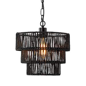 Boho 1-Light Hand-Woven Rattan Round Pendant Black Chandelier for Kitchen Island, Living Room, with No Bulbs Included