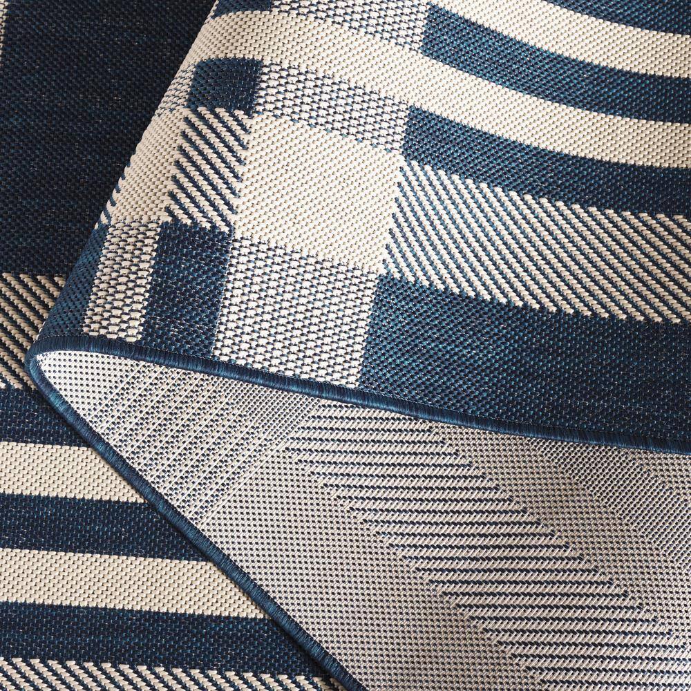 Navy and Beige Plaid Indoor/Outdoor Synthetic Area Rug