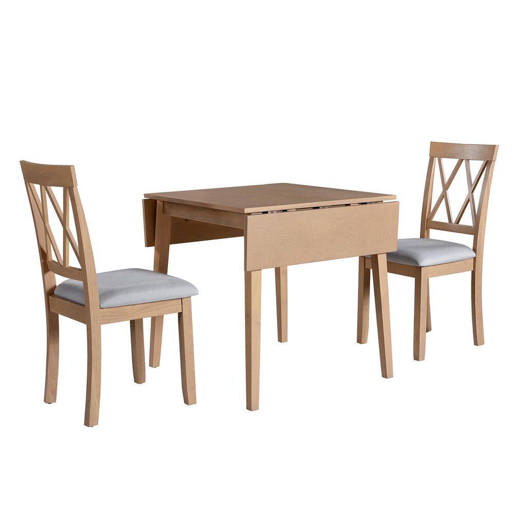 3-Piece Rectangular Natural Wood Top Dining Table Set Seats 2 with Drop Leaf Dining Table and 2 Upholstered Chairs