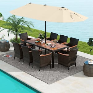 9-Piece Wicker and Wood Outdoor Dining Set with Beige Cushions and 15 ft. Double-Sided Twin Beige Umbrella