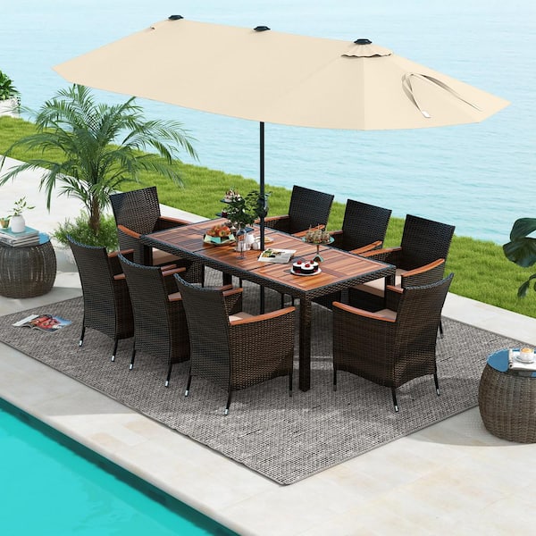 Liviza 9-Piece Wicker and Wood Outdoor Dining Set with Beige Cushions and 15 ft. Double-Sided Twin Beige Umbrella