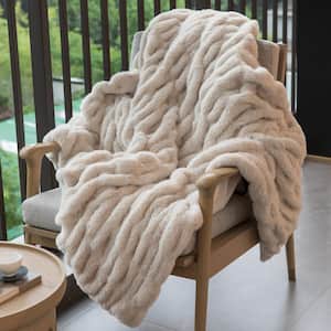 Ivory Cream Decorative 50 in. x 60 in. Comfortable Ruched Faux Fur Cozy Throw Blanket for Sofa and Bed