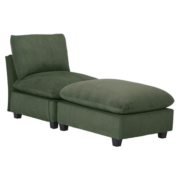 Hamilton Corduroy Upholstered Armless Single Modular Sofa Accent Chair with Footstool Ottoman Set, Olive Green