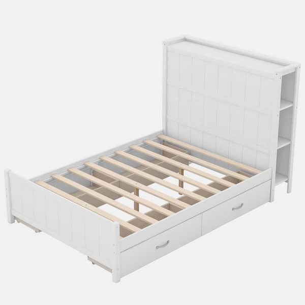 wetiny White Wood Frame Full Size Platform Bed with Drawers and Storage Shelves
