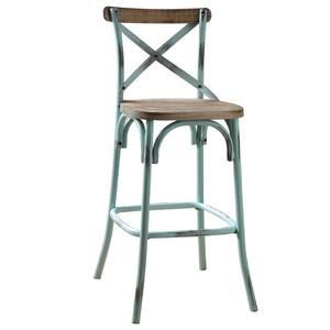 Zaire 43 in. Antique Sky and Antique Oak Low Back Metal 43 in. Bar Stool with Wood Seat