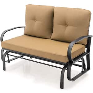 Black Metal 2-Person Outdoor Patio Glider with Beige Cushions
