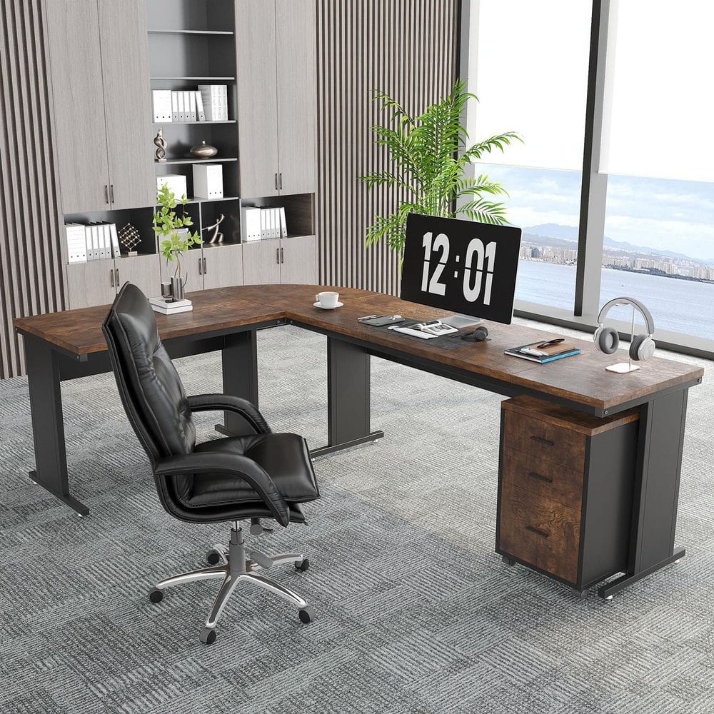 BYBLIGHT Lanita 83 in. L-Shaped Brown Engineered Wood 3-Drawer Executive Desk, Large Computer Desk with Mobile File Cabinet BB-C0828x2QP