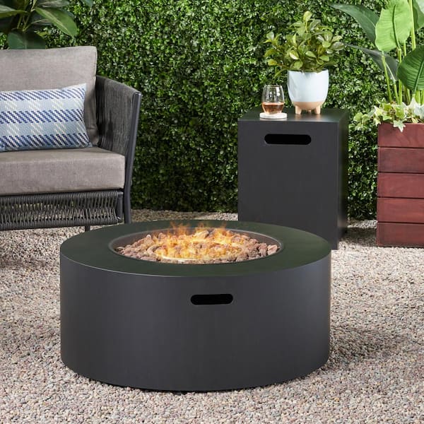 Noble House Wellington 15.25 in. x 19.75 in. Round Concrete Propane Outdoor Patio Fire Pit in Dark Grey with Tank Holder
