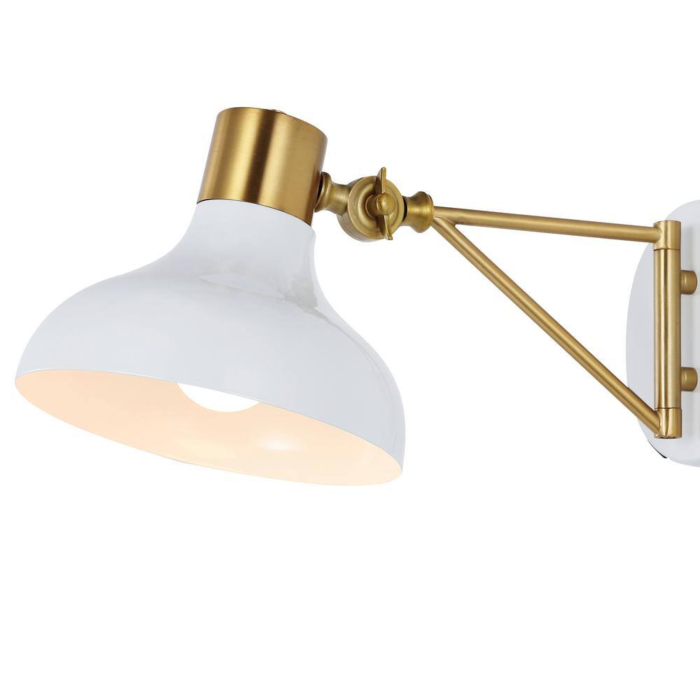 White and Brass Gold Iron Swing Arm Wall Sconce with USB Charging Port
