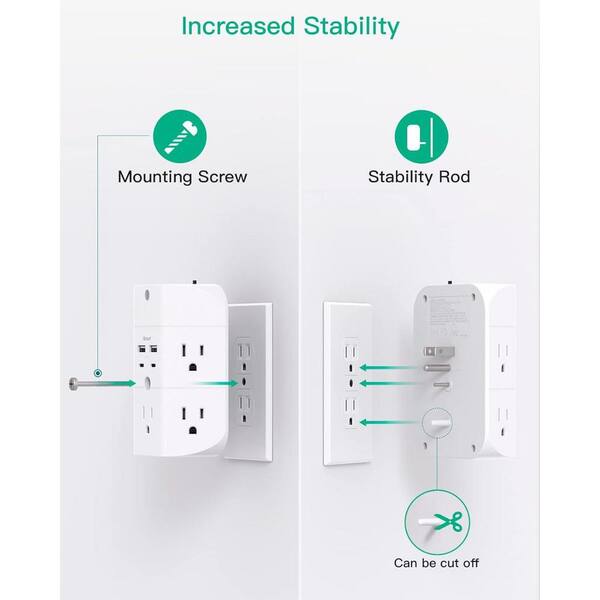 EKIEUDL - 5-Outlet Power Strip Surge Protector Extender Splitter with 4 USB Port in White
