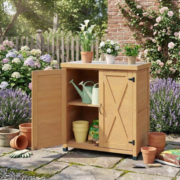 31.5 in. W x 17 in. D x 36 in. H Outdoor Wood Storage Cabinet w/Metal Table Top Potting Bench,Outdoor Work Station Table ZY-139074