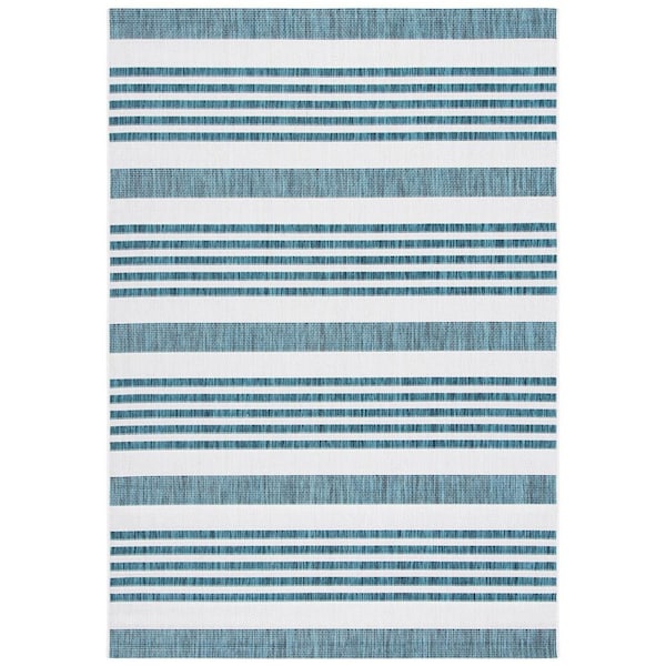 Courtyard Ivory/Teal 2 ft. x 4 ft. Geometric Striped Indoor/Outdoor Area Rug