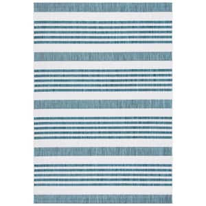 Courtyard Ivory/Teal 4 ft. x 6 ft. Geometric Striped Indoor/Outdoor Patio  Area Rug