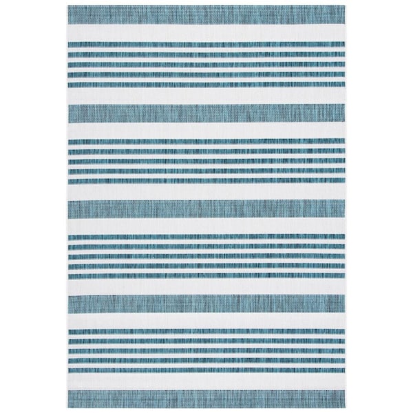 SAFAVIEH Courtyard Ivory/Teal 4 ft. x 6 ft. Geometric Striped Indoor/Outdoor Patio  Area Rug