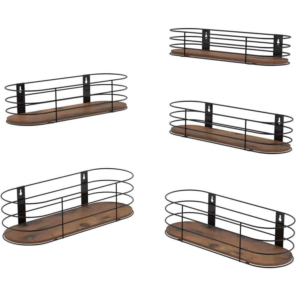 16.2 in. W x 6.4 in. D Floating Wall Shelves Set of 5, Rustic Wood Wire Fra