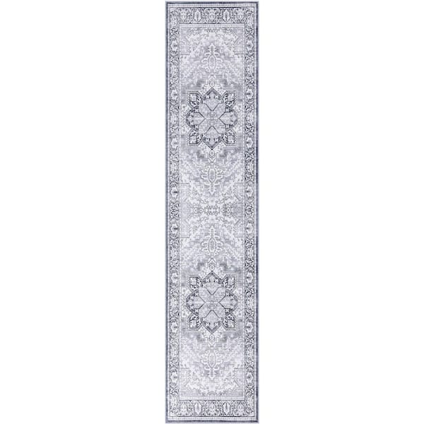 Eleanor Vintage Medallion Border Machine-Washable Ivory/Gray 2 ft. x 8 ft. Runner Rug