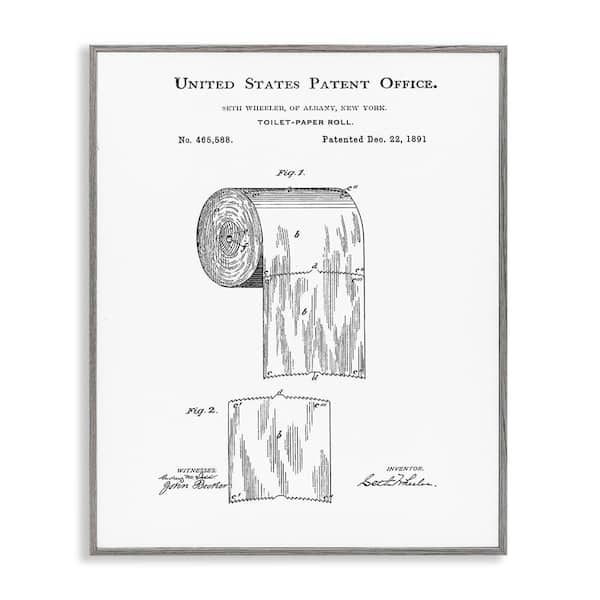 Toilet Paper Roll Vintage Patent Minimal Black White by Studio W Gray Framed Giclee Art Print Typography 16 in. x 20 in.