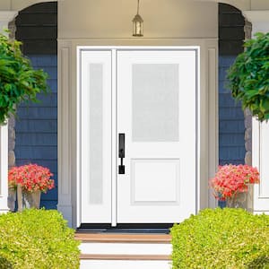 Legacy 53 in. x 80 in. 1/2-Lite Rain Glass RHIS White Primed Fiberglass Prehung Front Door w/14in.SL