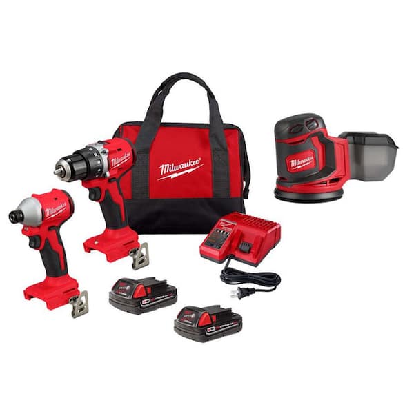Milwaukee M18 18V Lithium-Ion Brushless Cordless Compact Drill/Impact Combo Kit (2-Tool) w/(2) 2.0 Ah Batteries, Charger, & Sander