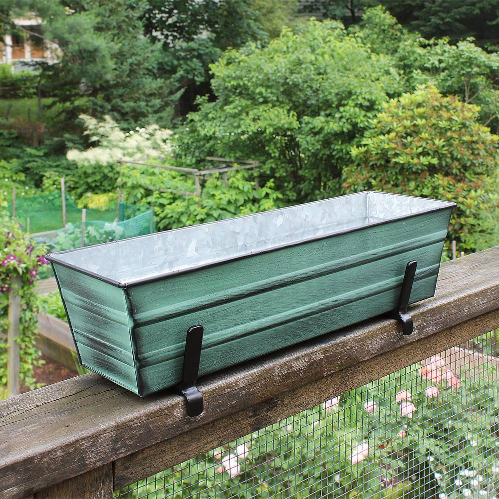 Small Green Galvanized Metal Planter Box with Brackets