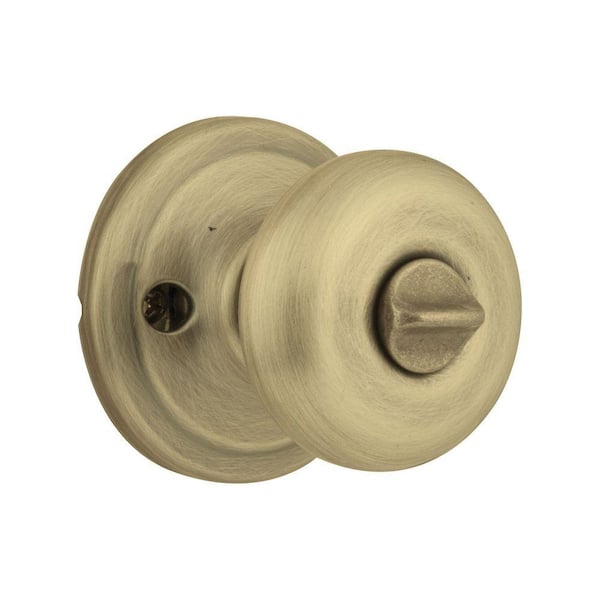 Kwikset Juno Antique Brass Entry Door Knob Featuring SmartKey Security with Microban Antimicrobial Technology