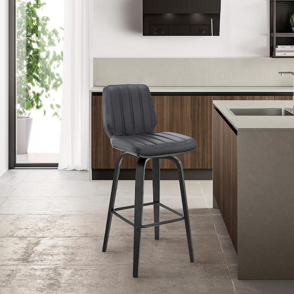 Renee 38 in. Product Height High Back Swivel Grey Faux Leather and Black Wood 26 in. Seat Height Bar Stool