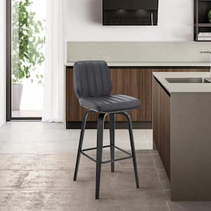 Renee 30 in. Seat Height, High Back Swivel Grey Faux Leather and Black Wood Bar Stool 42 in. Overall Height