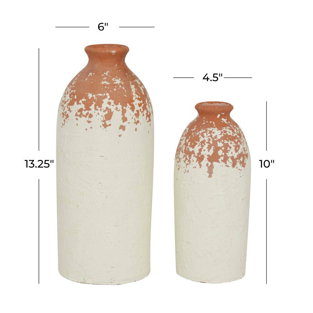 Set of 2 White and Terracotta Ceramic Bottle-Shaped Vases