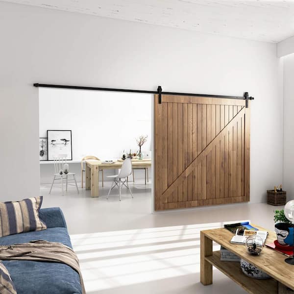 12 ft./144 in. Black Bent Strap Sliding Barn Door Track and Hardware Kit for Single Door with Floor Guide