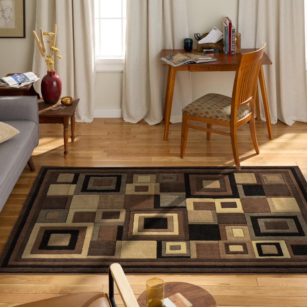 Geometric Black Round Washable Synthetic Rug with Memory Foam